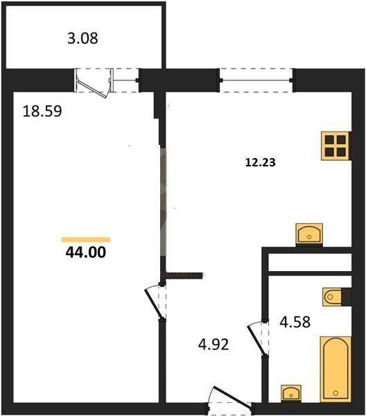 1-комнатная квартира, 44 м2