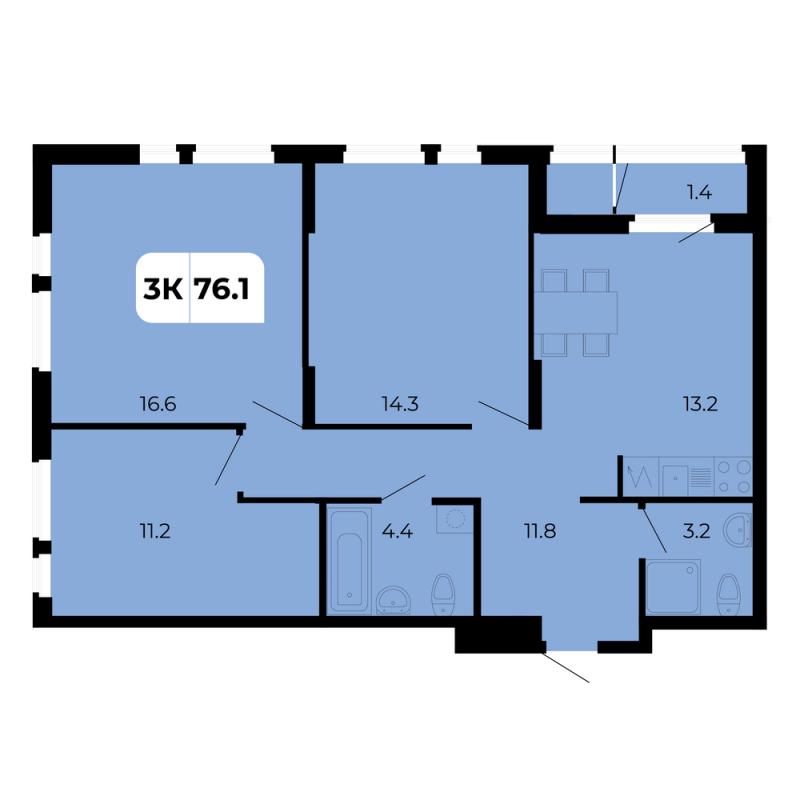 3-комнатная квартира, 76.1 м2