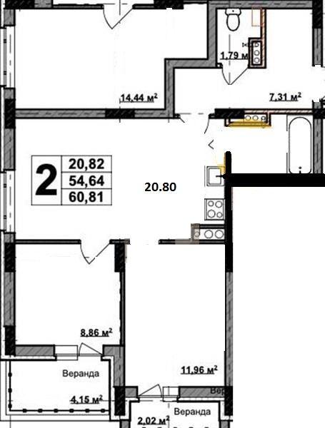 2-комнатная квартира, 60 м2