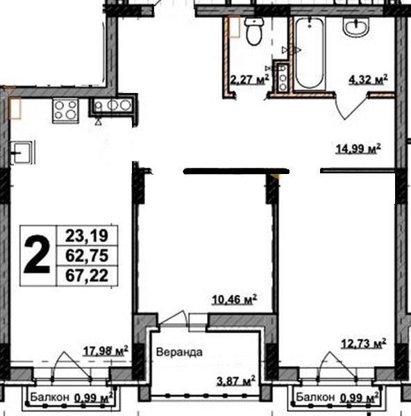 2-комнатная квартира, 67 м2