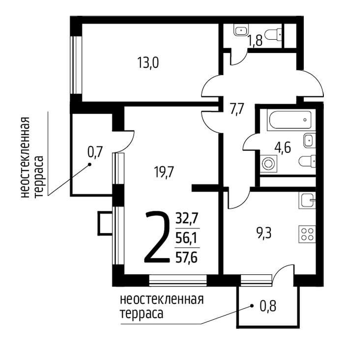 2-комнатная квартира, 57.6 м2
