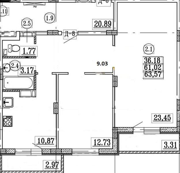 2-комн. квартира, 63 м², 11/12 этаж