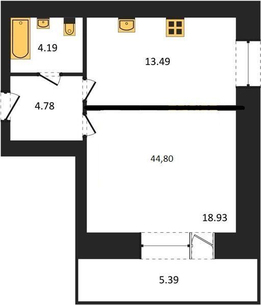 1-комнатная квартира, 45 м2