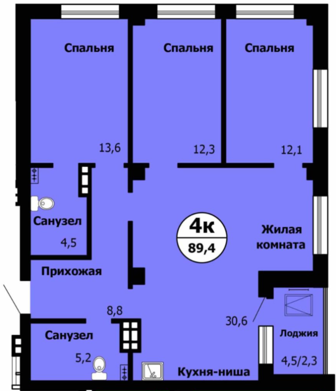 4-комнатная квартира, 90.2 м2