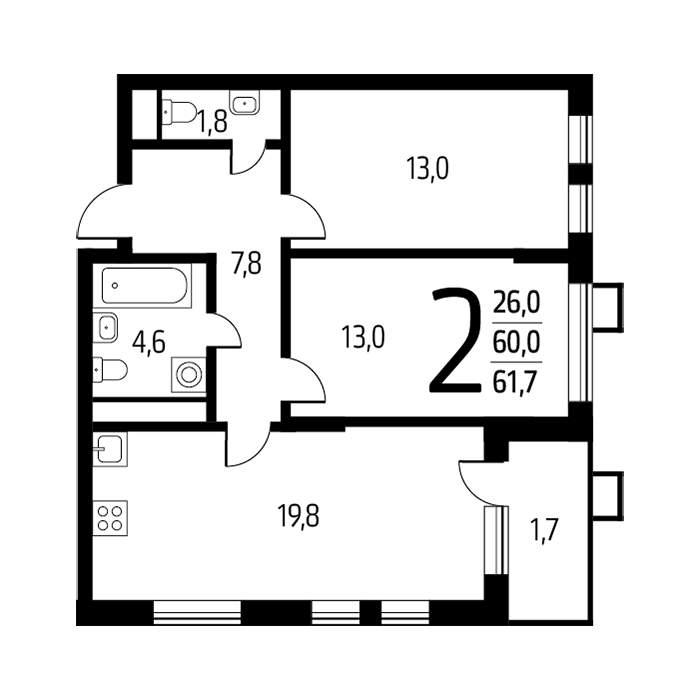 2-комнатная квартира, 61.7 м2
