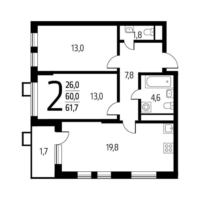 2-комнатная квартира, 61.7 м2