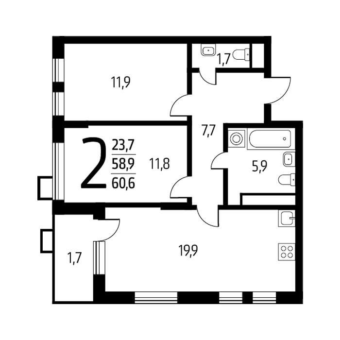 2-комнатная квартира, 60.6 м2