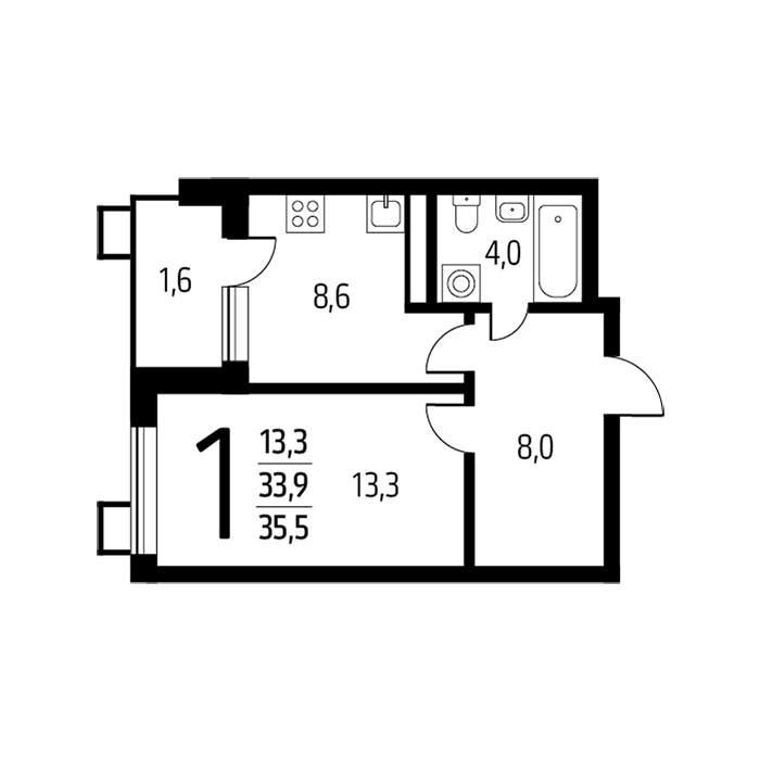 1-комнатная квартира, 35.5 м2