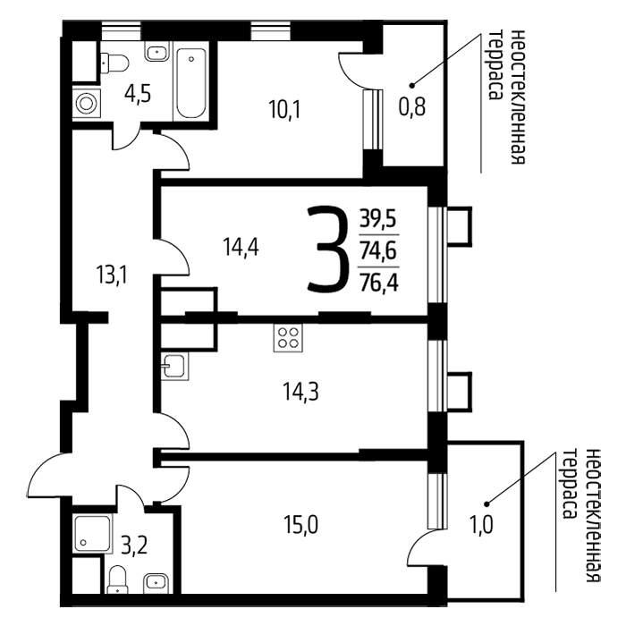 3-комнатная квартира, 76.4 м2