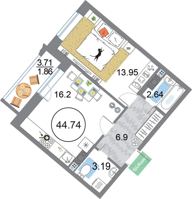 1-комнатная квартира, 44.74 м2