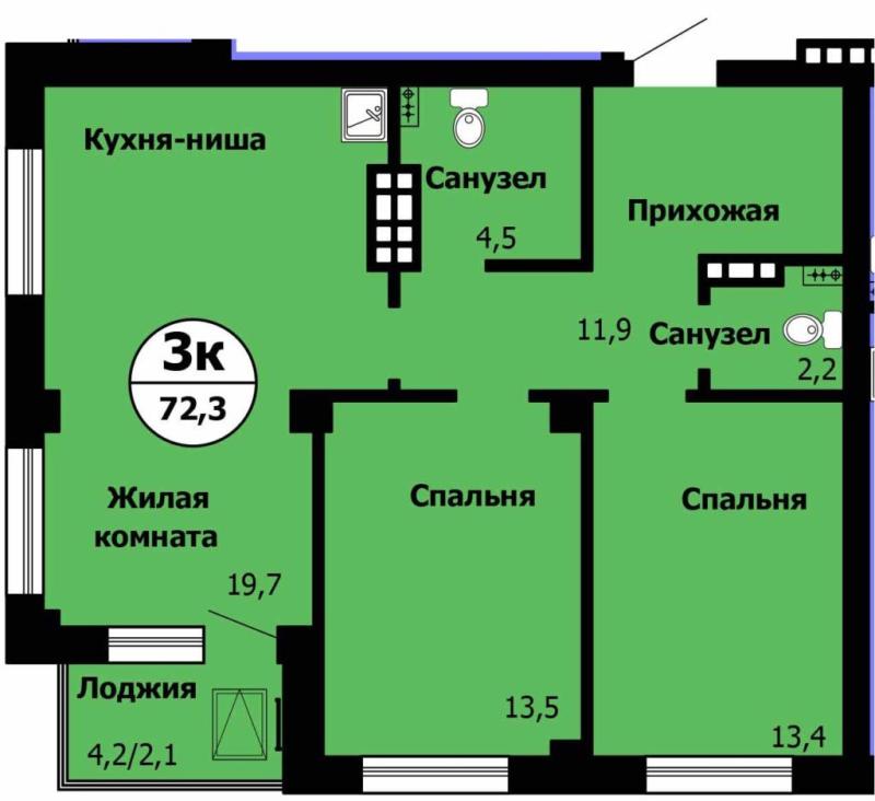 3-комнатная квартира, 72.3 м2