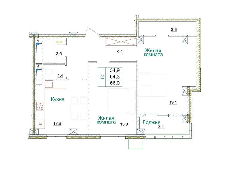 2-комнатная квартира, 66 м2