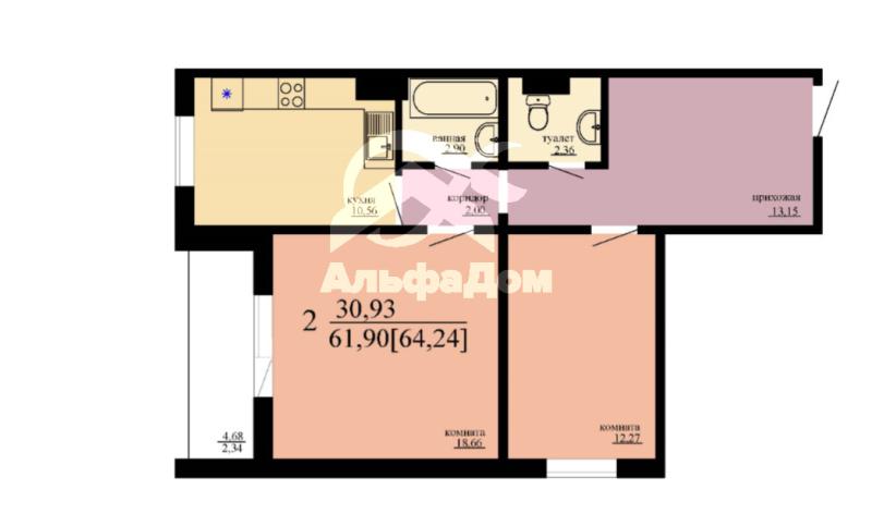 2-комнатная квартира, 61.9 м2
