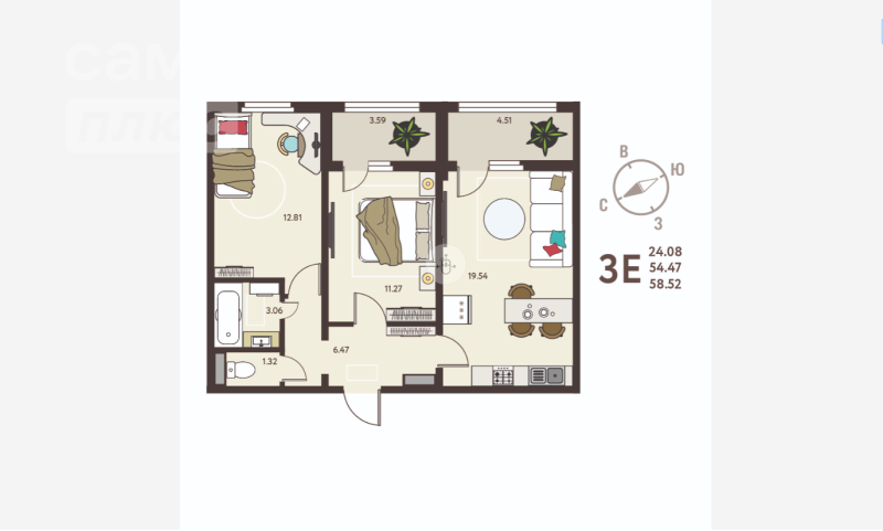 2-комнатная квартира, 58.5 м2