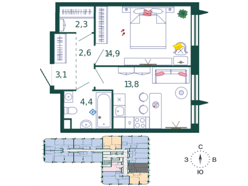 1-комнатная квартира, 41.12 м2