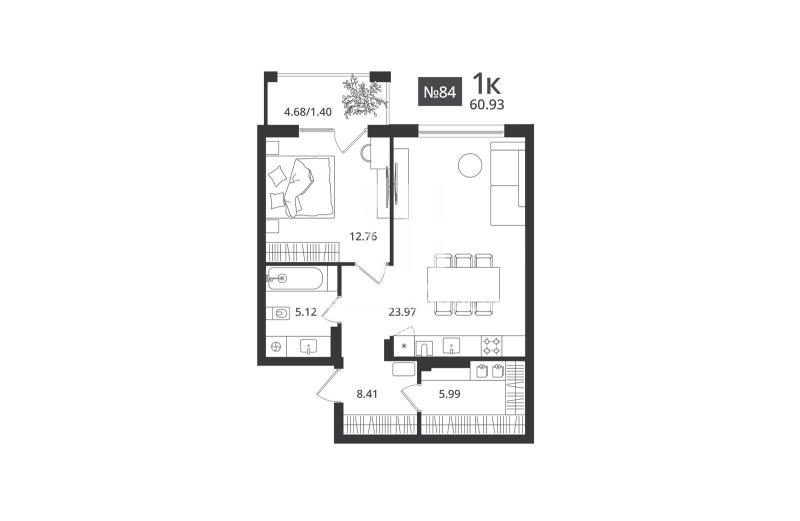 1-комн. квартира, 60 м², 2/7 этаж