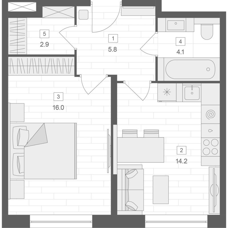 1-комнатная квартира, 43 м2