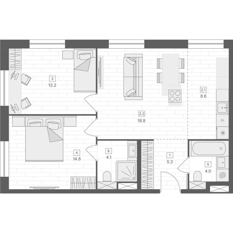 3-комнатная квартира, 68.8 м2