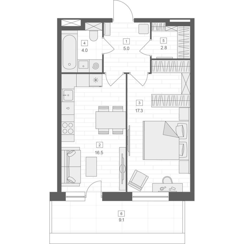 2-комнатная квартира, 45.6 м2
