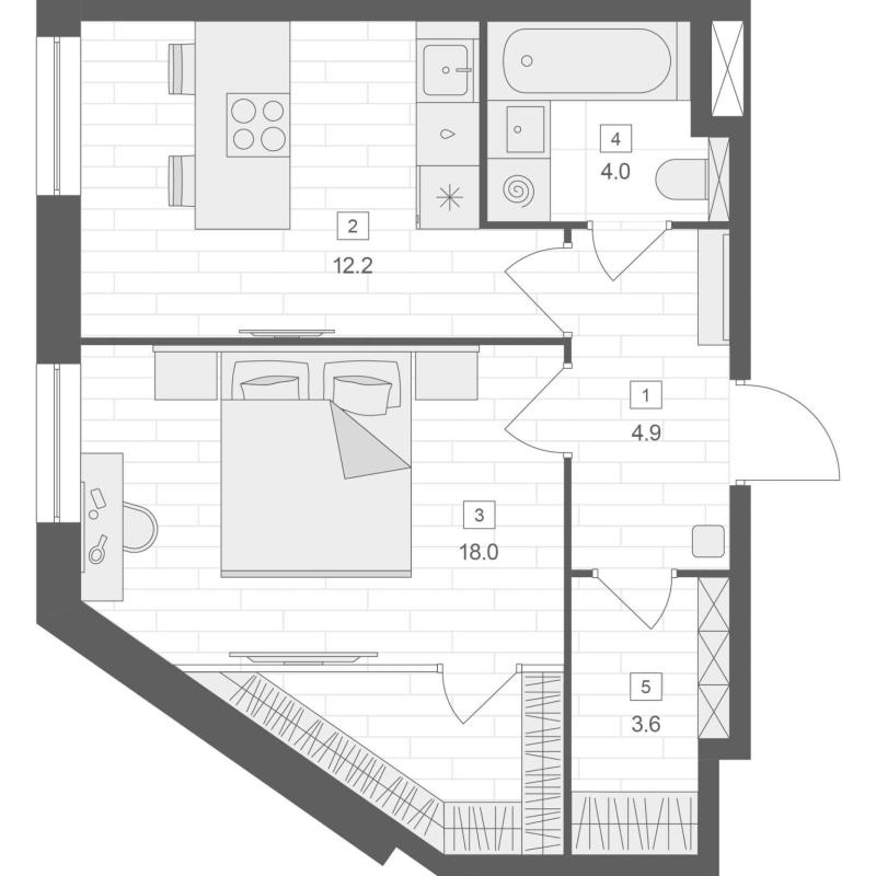 1-комнатная квартира, 42.6 м2