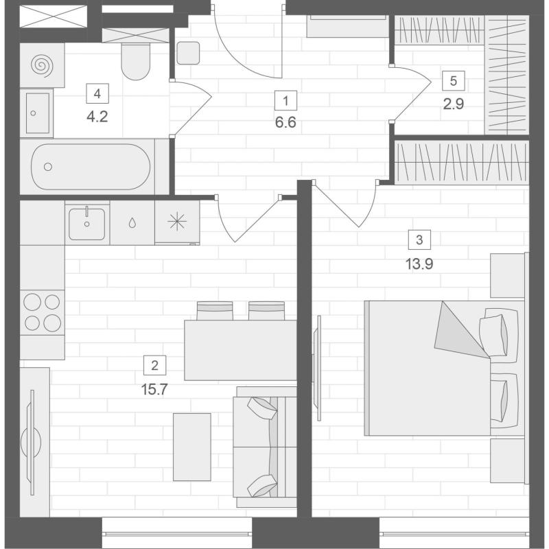 2-комнатная квартира, 43.5 м2