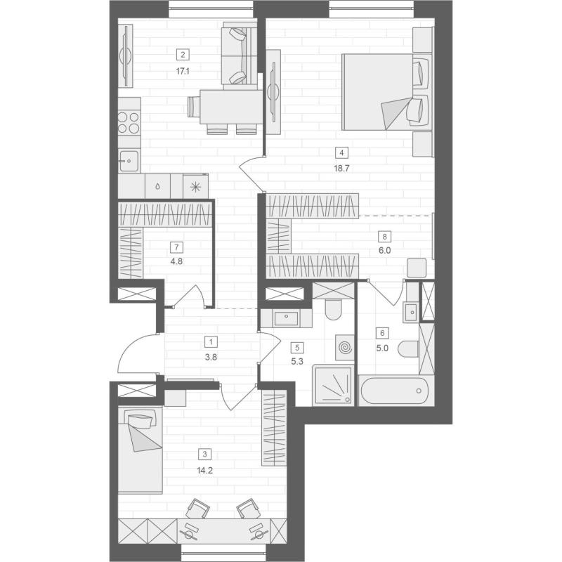 3-комнатная квартира, 74.9 м2