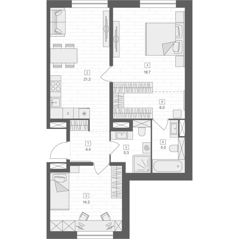 3-комнатная квартира, 75 м2