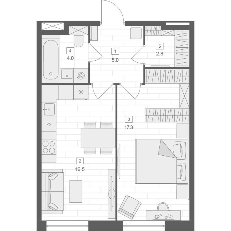 2-комнатная квартира, 45.6 м2