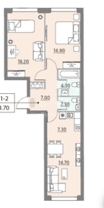 2-комнатная квартира, 68.7 м2