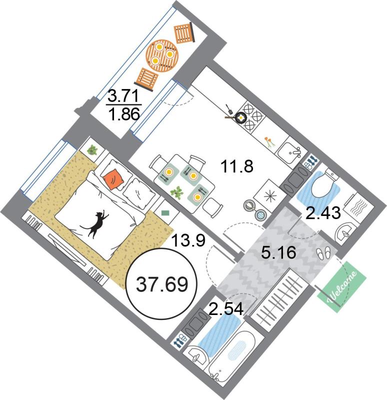 1-комнатная квартира, 37.69 м2