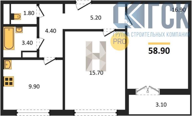 2-комнатная квартира, 58.9 м2