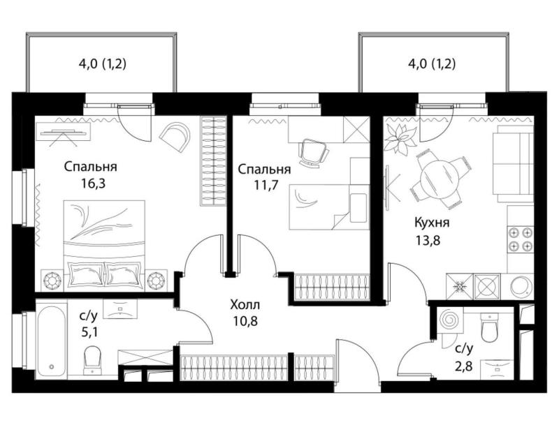 2-комнатная квартира, 62.9 м2