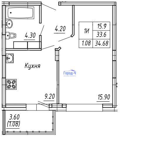 1-комнатная квартира, 34.68 м2