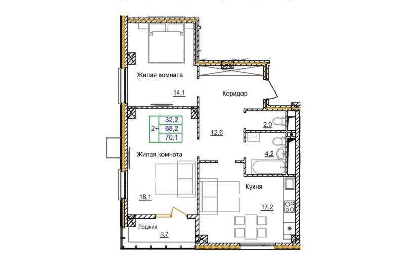 2-комнатная квартира, 70.1 м2