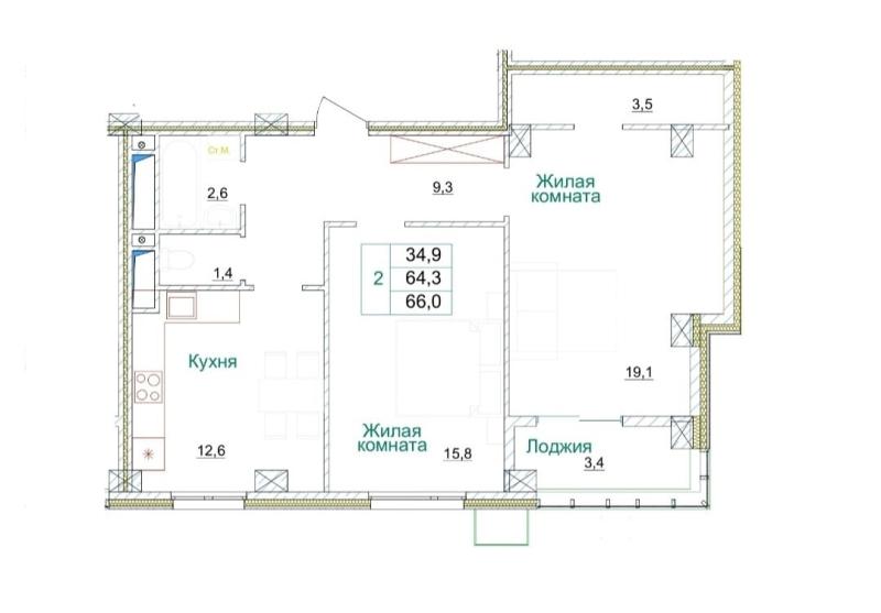 2-комнатная квартира, 66 м2