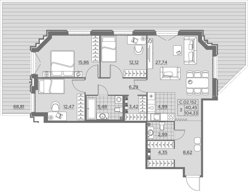 3-комнатная квартира, 124.8 м2