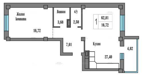 1-комнатная квартира, 62.85 м2