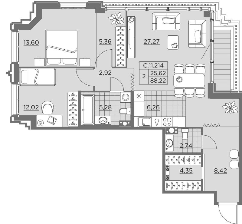 2-комнатная квартира, 89.4 м2