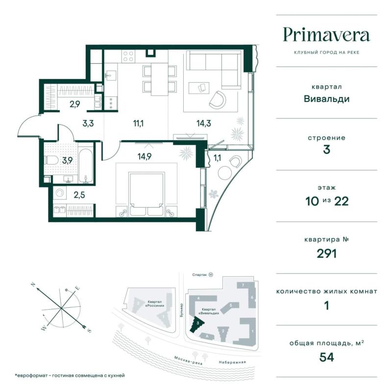 1-комнатная квартира, 54 м2