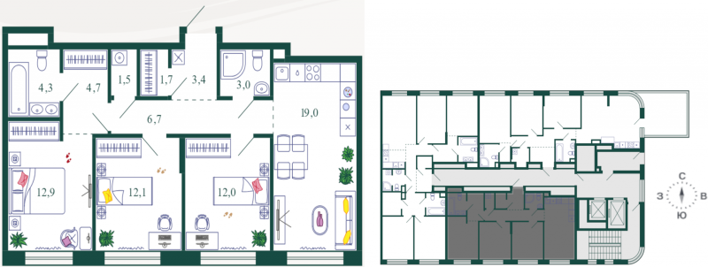 3-комнатная квартира, 81.3 м2
