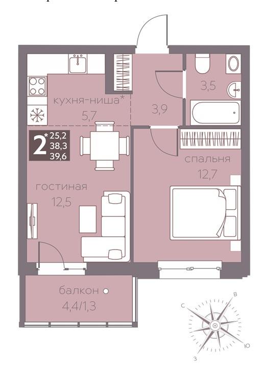 2-комнатная квартира, 39.6 м2