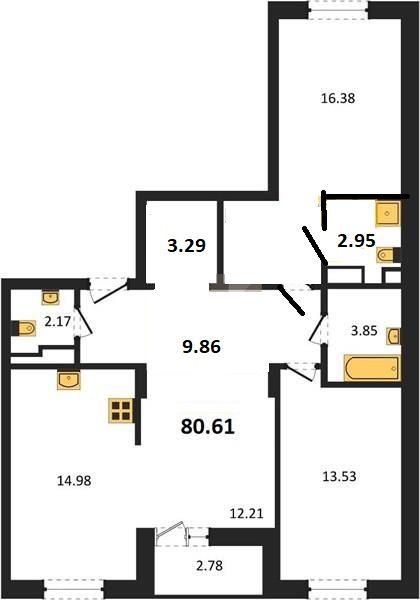 3-комнатная квартира, 80.61 м2