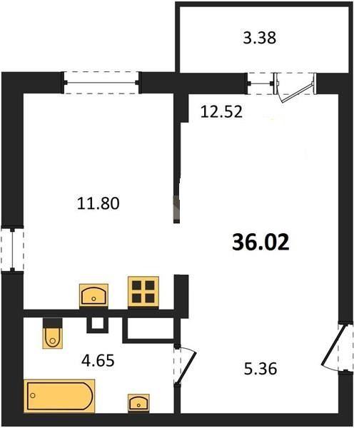 1-комнатная квартира, 36.2 м2