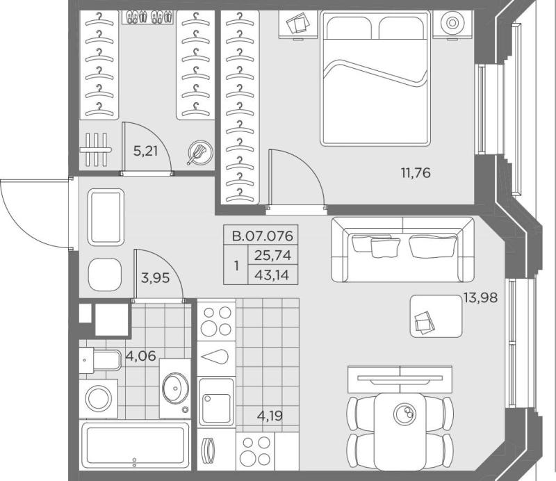 1-комнатная квартира, 43.14 м2