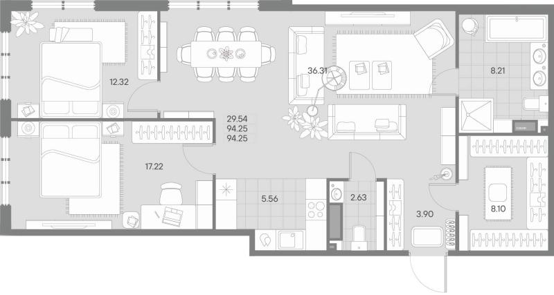 2-комнатная квартира, 94.25 м2