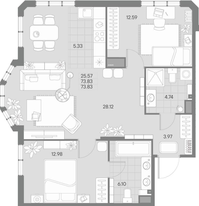 2-комнатная квартира, 73.83 м2