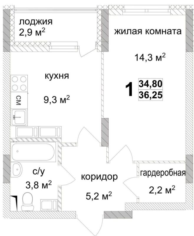 1-комнатная квартира, 36.25 м2