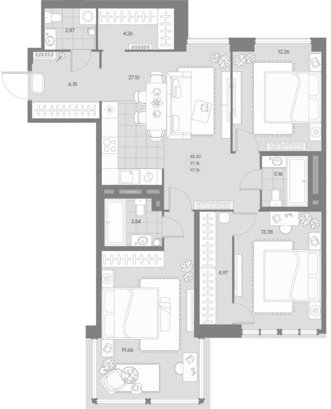 3-комнатная квартира, 97.76 м2