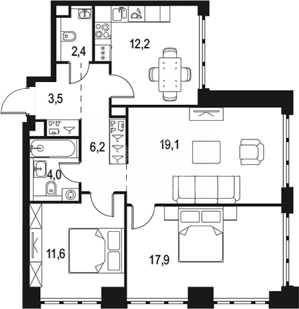 3-комнатная квартира, 76.9 м2