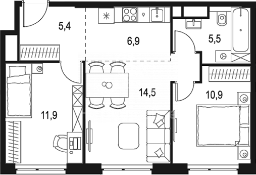 2-комнатная квартира, 55.1 м2